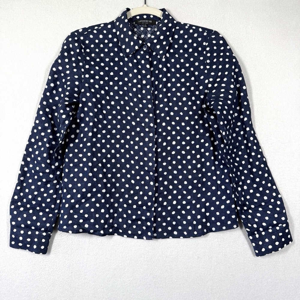 Lafayette 148 Top Women P 100% Linen Blue Polka Dot Button Up Blouse Long Sleeve